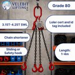 Lifting Chain Sling  3.15-4.25 tonne 1-4m x 4 leg 7-8mm Safety or Sliding Hooks