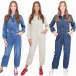 M&S Womens Denim Utility Jumpsuit Long Sleeve Indigo Blue Cream Ecru Zip Up