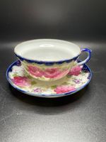 Painted Rose Gold Gilt Cobalt Blue Porcelain Tea Cup + Saucer Plate Set Unmarked