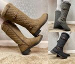 Womens Mid Calf Boots Ladies Buckle Faux Fur Warm Winter Low Block Heel Shoes
