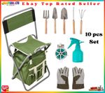 10-Piece Garden Tool Set with Folding Chair - Stainless Steel Hand Tools & Oxfor