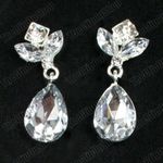 4cm big CLIP ON glass CRYSTAL EARRINGS silver rhinestone TEARDROP sparkly drops