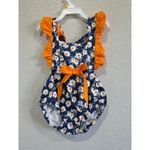 Navy Daisy Romper with Orange Ruffles and Bow In The Back