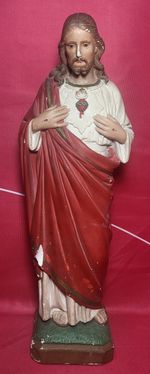 Vintage Sacred Heart of Jesus Chalkware Devotional Statue Size 40cm some losses 