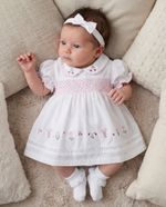 Baby Girl Dress Set Outfit Smocked Embroidered Headband White