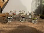 6 Rare Vintage Gold Rim shot glasses with classic car designs 