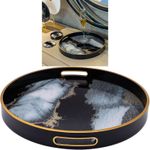Round Black Agate Theme Serving Drinks Candle Display Decor Coffee Table Tray