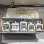 Set of 5 White Painted Metal & Glass Hanging Tea Light Lanterns Square