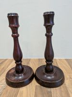Pair x2 Vintage Oak Turned Candle Holders Country House Interior Decor H21cm