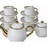 Premium White Gold Ceramic Tea Set Ribbed Teapot 6 Cups Saucers