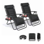 2 XXL Zero Gravity Reclining Garden Chairs Foldable Sun Loungers, Cup Tray Set