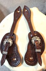 NEW HANDMADE TOOLED LEATHER WESTERN SPUR STRAPS ENGRAVED SILVER BUCKLES & KEEPER