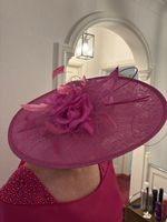 Pink Sinamay Wide Brim Wedding Hat Fascinator with Flower & Feather Trim.
