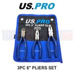 US PRO 8" 200mm 3pc Plier Set, Side Cutter, Long Nose, Combination Pliers 2070