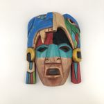 Hand-Carved Wooden Mayan Duality Jaguar Wood Warrior Mask Free Standing Vintage