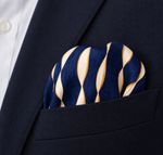 Premium Silk Pocket Square Navy Blue and Gold Abstract Waves | Mens Wedding Gift
