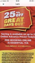 KELLOGG'S ONLINE CODE GIVING 25% OFF FOR 2 AT MERLIN, CODE SENT SAME DAY