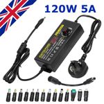9V-24V 5A 120W Adjustable Voltage Power Supply Adapter Transformer w/ 15 Plugs