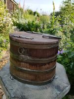 ANTIQUE BRASS BOUND OAK TOBACCO JAR FORMED AS ROYAL NAVY RUM TUB  c1900