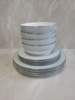 Fairmont & Main Cheltenham 12 Piece Dinner Set Blue & Silver Rim Porcelain. PD