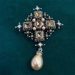 Large Vintage Style Gothic Inspired Crystal & Faux Pearl Ornate Cross Brooch