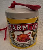Marmite Ceramic Lidded Storage Jar vintage Style. with red spoon 