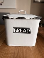 Vintage Enamel Bread Bin White Black Retro Kitchen Storage Tin w/ Lid