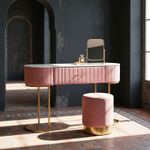 Modern Pink Velvet Upholstered Dressing Table with Marble Effect Top Gold Base