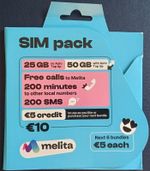 Melita Malta SIM €10 Credit 25–50GB Data 200 Min SMS Prepaid Ready To Use