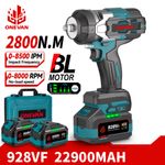 2800Nm High Torque 1/2 Impact Wrench Brushless Cordless Impact Gun 2 Battery Kit