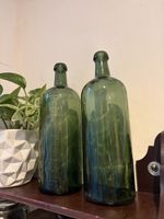Pair  Harrogate Embossed Green Glass Bottles Antique Mineral Water Victorian