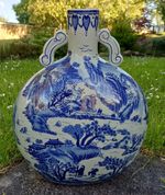 Chinese Pottery Reproduction Moon Flask Vase Blue & White 4 Character Mark