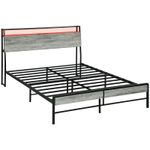 HOMCOM LED Double Bed Frame with Charging Station, 135 x 190cm, Cement Grey