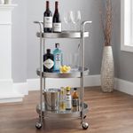 Silver 3-Tier Drinks Trolley Mirrored Glass Bar Cart Art Deco Serving Cart Wheel