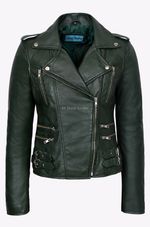Ladies Cross Zip Leather Jacket Green Soft Lambskin Biker Style Fashion Jacket