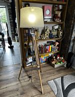 Tripod Floor Lamp Wood Effect Legs Beige Fabric Drum Shade Switch, Corded