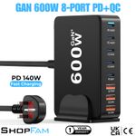 600W USB C Desktop Charging Station GaN³ 8-Port Fast Charger Hub PD + QC UK Plug