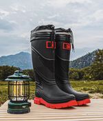 Black & Red Waterproof Knee High Rain Boots with Drawstring Top for Fishing &