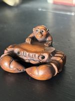 Hand Carved wood Japanese netsuke, Monkey And Crab, Beautifully Carved, Signed.