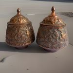 Pair Vintage Persian Copper Lidded Bowls Hand Engraved Ghalamzani Bird Flower 5”