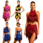 Women Fringe Latin Dance Outfit Ballroom Competition Dancewear Shiny Rhiestones