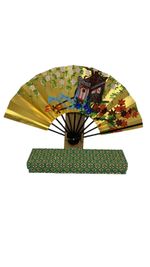 Japanese Decorative Folding Fan Gold Hand Painted with Stand and Box[