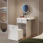Modern Dressing Table Stool Set with 3 Color LED Light Mirror 2 Drawers Storage