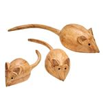 Family of Three Natural Varnished Fair Trade Wooden Hand Carved Garden Mice