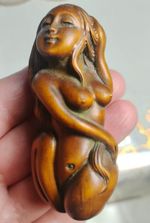 2.7-in Vintage Japanese Netsuke Boxwood Carved Body Art Beauty Statue Ornament