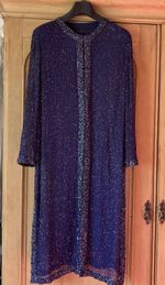 Vintage Blue Beaded Long Evening Coat 42” 40” Long Ch. Slight damage On Back