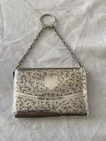 Edwardian Sterling Silver Ladies Calling Card Case On Finger Ring Chain 1910 89g