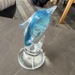 Blue & Clear Glass/Crystal Dolphin Ornament/Figurine on Clear Base
