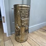 Vintage English Lombard Embossed Brass Umbrella Stand Medieval scene 17" X 7.5”