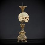 Memento Mori Baroque Candlestick | 1700s Carved Wooden 18th C Death Skull 24.4”_